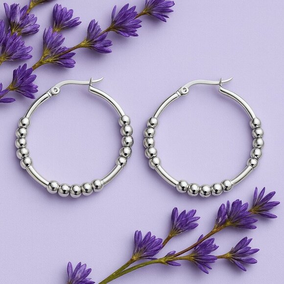 Minimalist Beaded Hoop Earrings And Stretchy Bracelet Set Stainless Steel - Picture 5 of 9